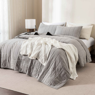  Box Stitch Stone Washed Linen Blend Quilt & Pillow Shams Set