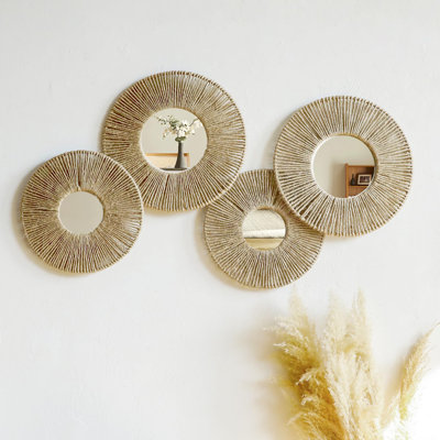 4 Pack Hanging Baskets Wall Art - Decorative Woven Wicker Basket Boho Wall Hanging, Rustic Round Mirrors Natural Jute Home Decor Set