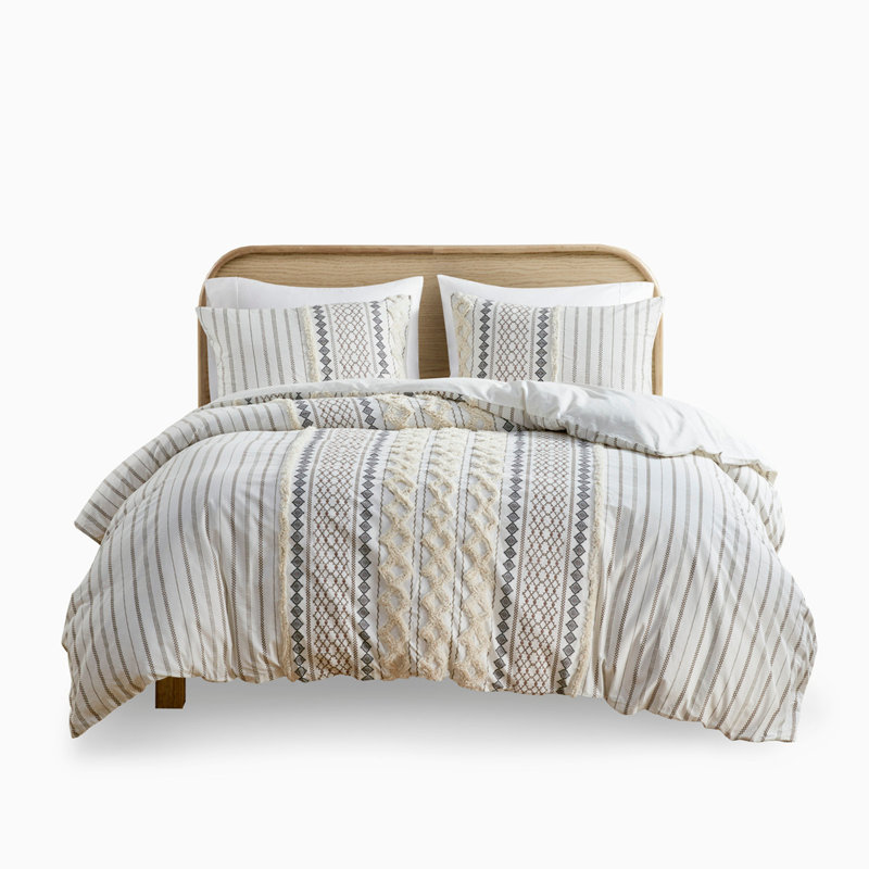 Cotton Printed Duvet Cover Set With Chenille, King/California King, Beige