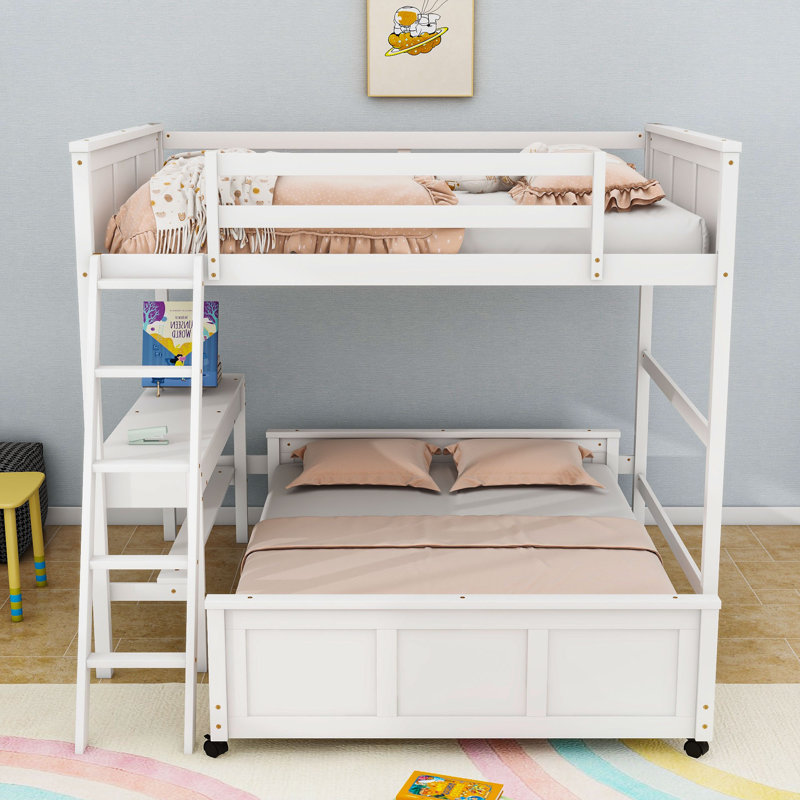 Lit superposé en bois avec bureau d'étude intégré et tiroirs de rangement, Double, Blanc