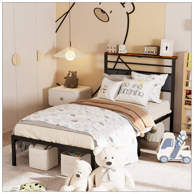 Structure de lit simple avec tête de lit et tablette de rangement, lit en métal, lits rembourrés en bois avec station de charge, cadres robustes pour les meubles de chambre à coucher, aucun sommier nécessaire, noir