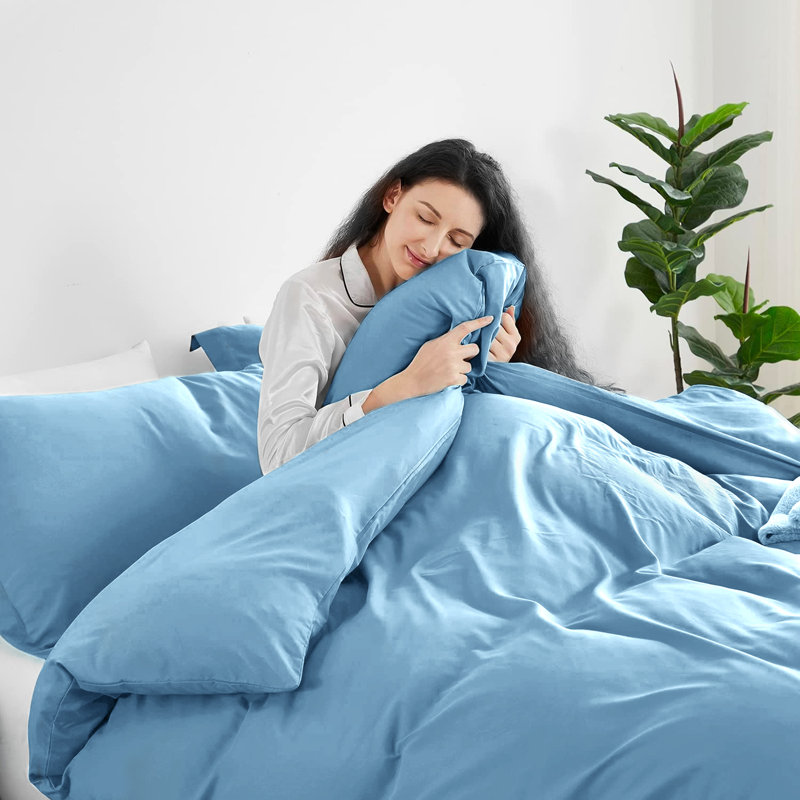 Lameya Luxury Microfibre 200 TC Duvet Cover Plain Bedding Sets with Pillowcase, Double - 2 Standard Pillowcases, Light Blue