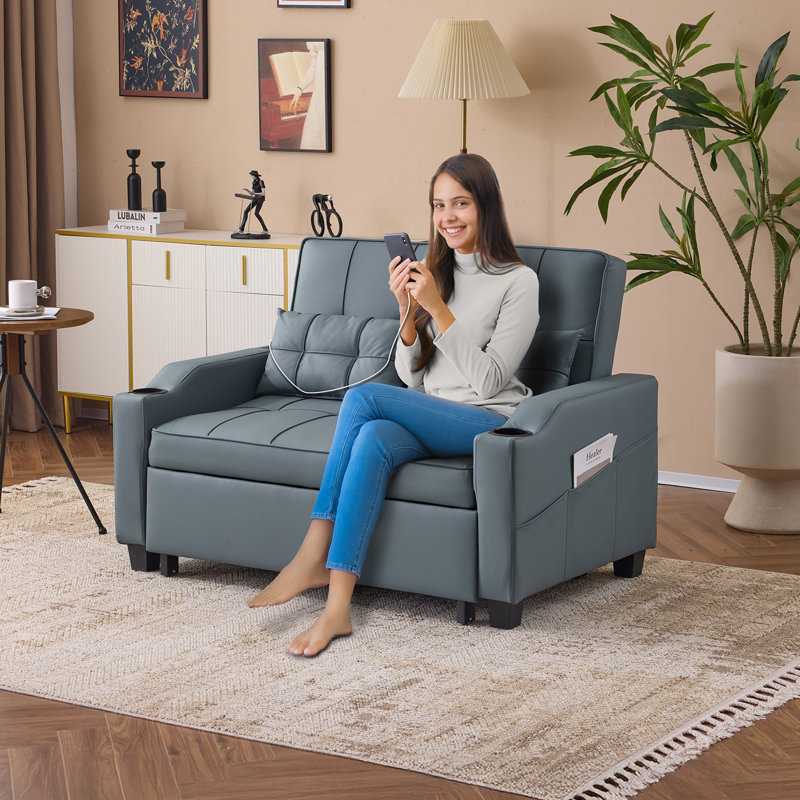 Tufted Upholstered Cat's Claw Leather Loveseat Recliner Sleeper Couch Pull Out Sofa Sofa Bed, Blue Gray