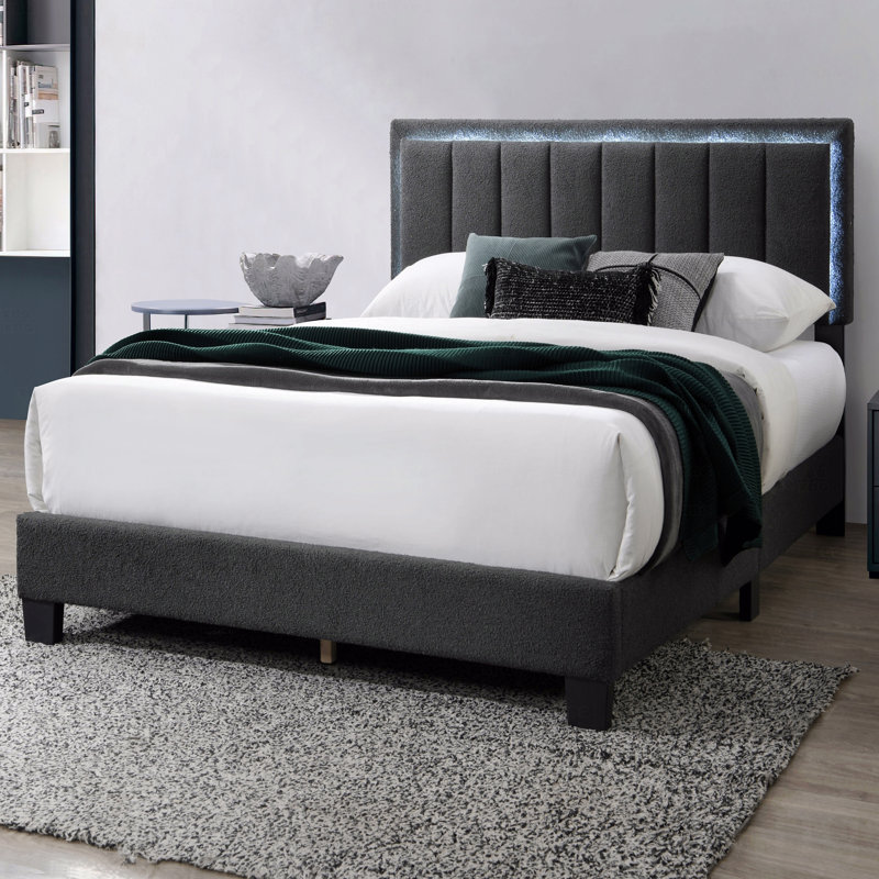 Structure de lit double 1 pièce de style moderne en tissu de laine gris anthracite revêtu de tissu d'ameublement capitonné avec éclairage à DEL et mobilier de chambre à coucher