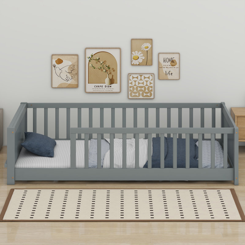 Floor Platform Bed With Built-In Book Storage Rack, Gray