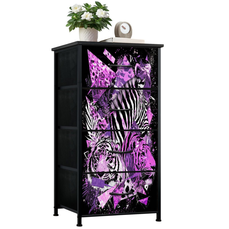 Commode audacieuse pour la chambre à coucher avec 4 tiroirs de rangement Imprimé animal néon surréel