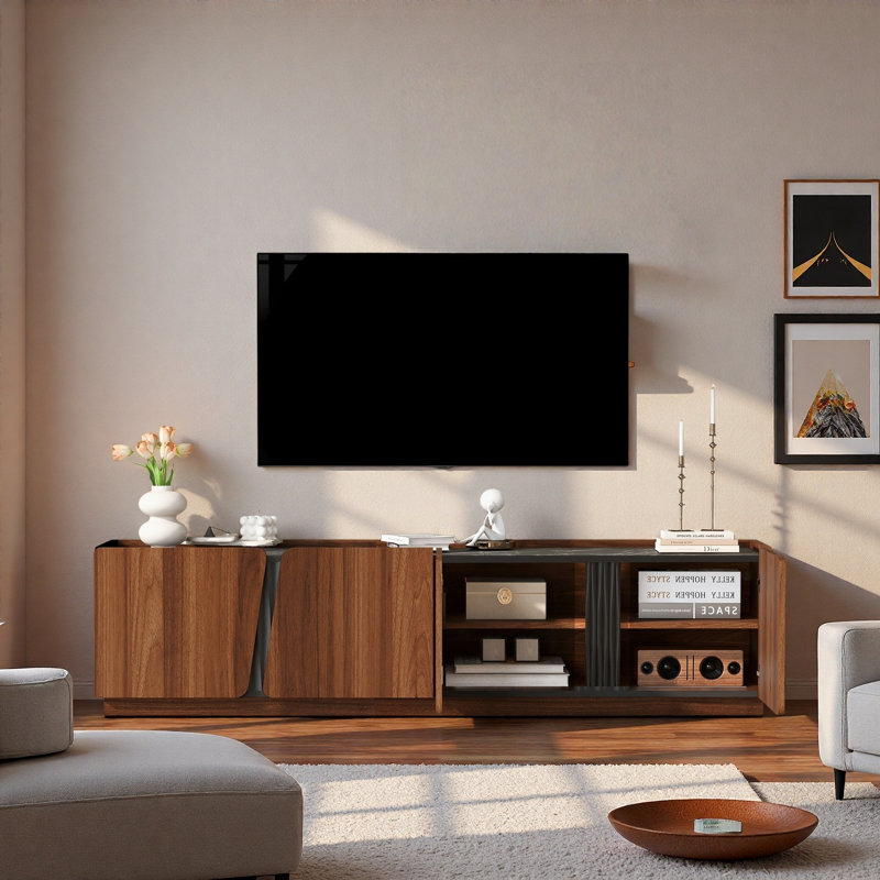 Meuble télé moderne avec coins arrondis, plateau en marbre et tablettes réglables, Tigre