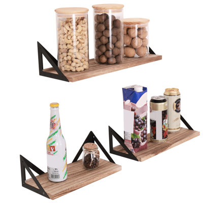 Long Wall Shelves - 3 Natural Wood With Brackets For Mounting In Bedroom, Living Room, Kitchen, Bath Of Mounted