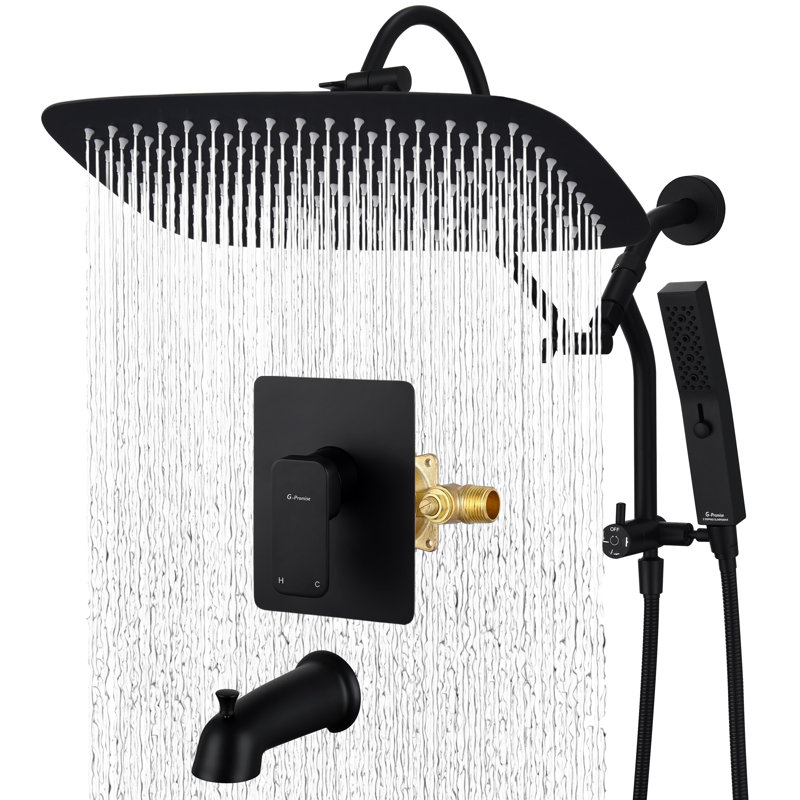 14 Inches Shower Faucet Sets Complete, All Metal Rainfall Shower Head And Handle Set, Extended Downward Diverter, Extension Arm Pressure Balance Rough-in Valve And Tub Spout Included