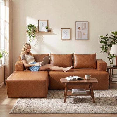 114" Modular Sectional Sofa with L‑Shaped Chaise Lounge, Faux Leather Boneless Couch With Spring Cushions, No Assembly Required, Deep Seat, Cat-Claw Resistant, High-Resilience Foam, Comfortable & Stylish For Living Room(Left Facing Chaise)