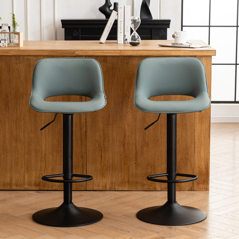 Swivel Adjustable Height Bar Stools, Faux Leather Upholstered Counter Stools, Modern Pub Stools, Gray Green Seat/ Black Frame