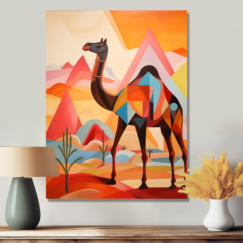 Chameau dans un paysage de désert du Sahara coloré I - décoration murale animal chameau, H 32 po x l 16 po x P 1 po