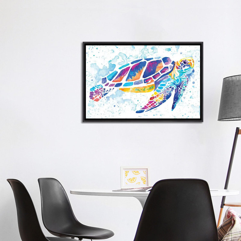 «Vibrant Sea Turtle» par Chelsea Goodrich - impression d'art graphique, Aucun mat, Toile avec cadre noir patiné