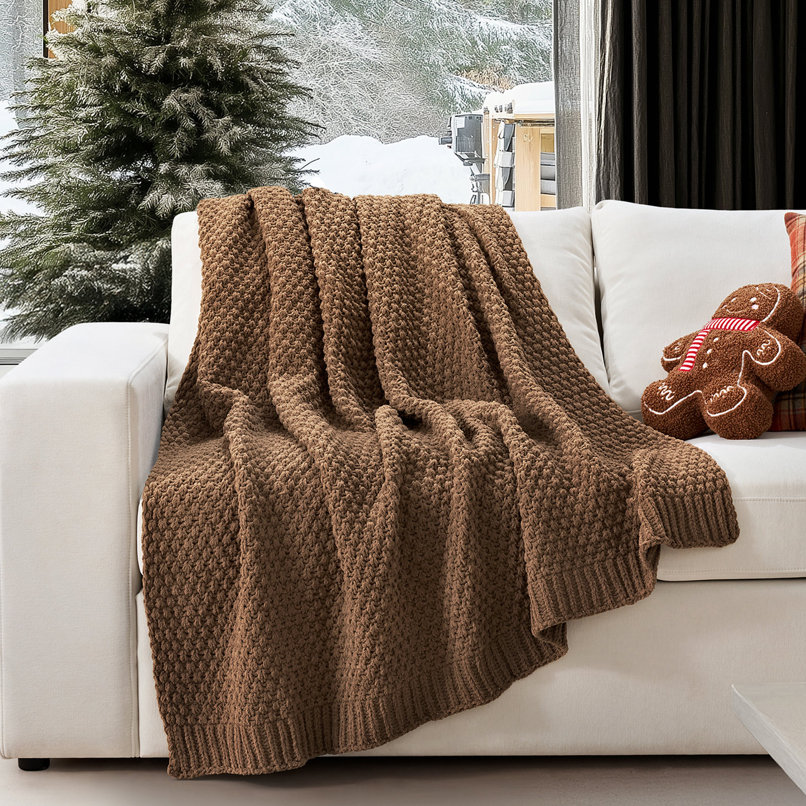 Chunky Chenille Weighted Throw Blanket, 80" L x 60" W, Camel Brown