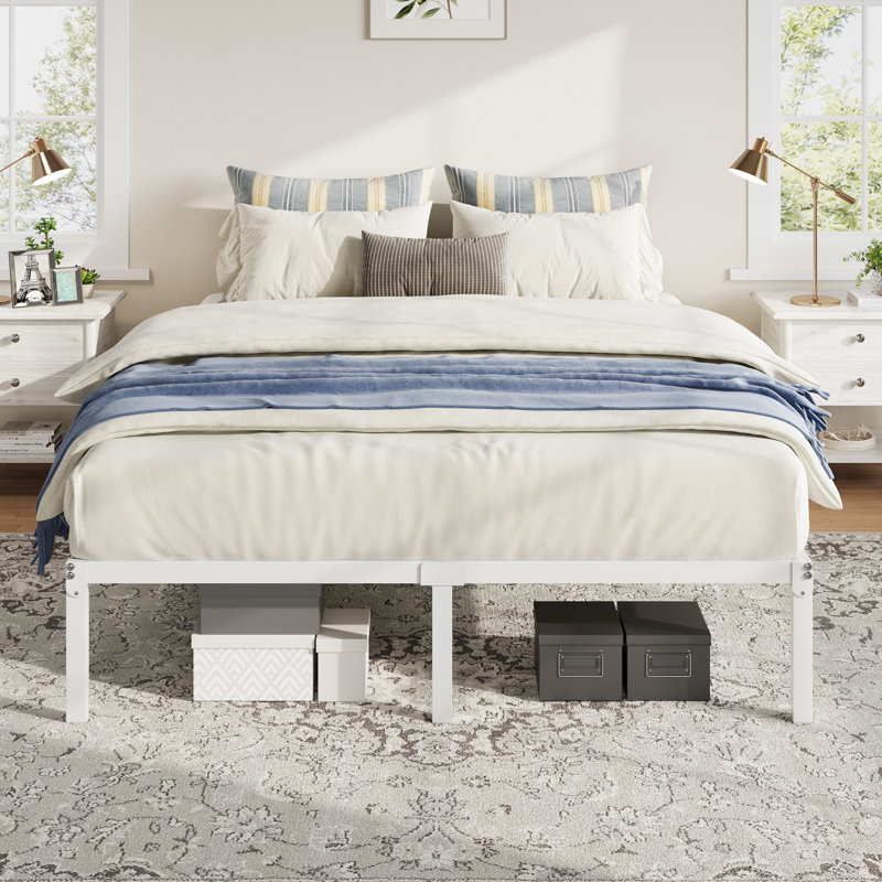 Structure de lit plateforme en métal 12 pouces avec espace de rangement, Blanc, Grand lit, 12"