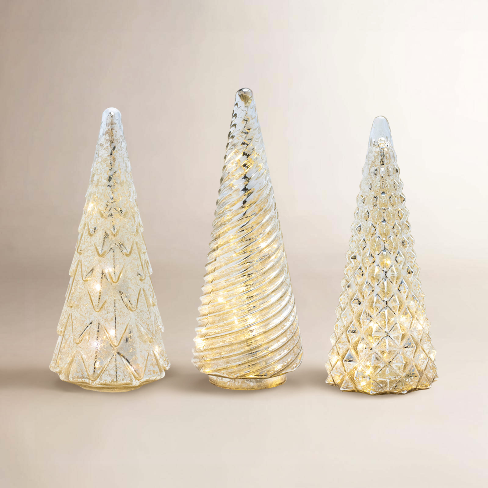 3-Piece Lighted Mercury Glass Tabletop Tree Set