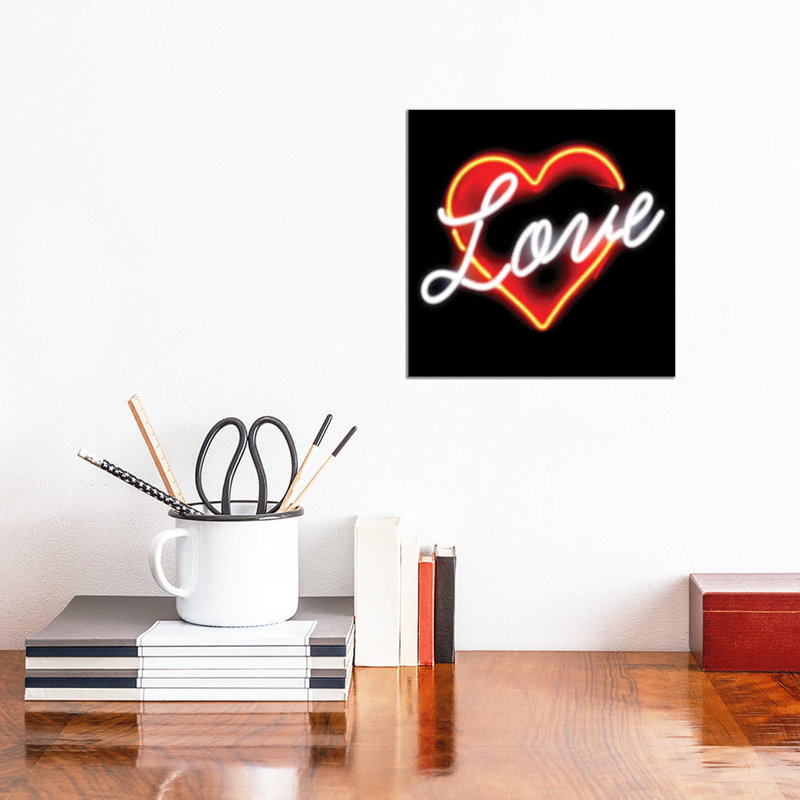 Neon Love Red On Black 1 Piece Wrapped Canvas Wall Art, 30.48 cm H x 30.48 cm W