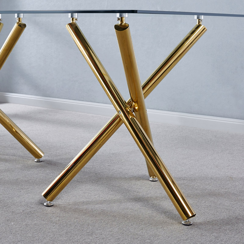Table de salle à manger rectangulaire en verre trempé double base en acier inoxydable 6 personnes