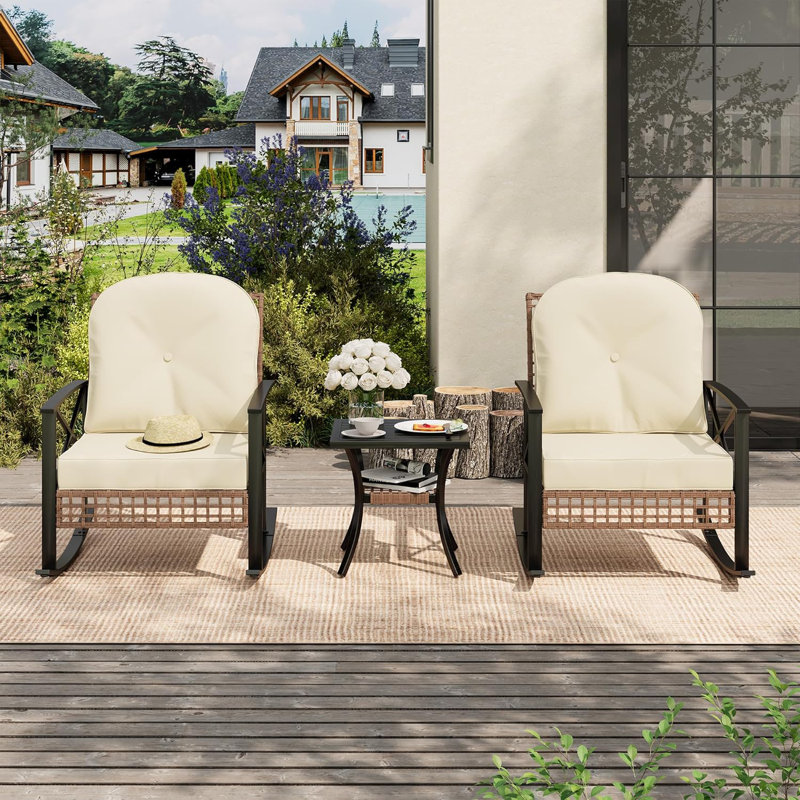 3 Pcs Outdoor Patio  Rocking Rattan Conversation Set Wicker Patio Furniture With Thick Cushions Rocker Chair And 2-Tier Coffee Table For Garden, Porch, Backyard