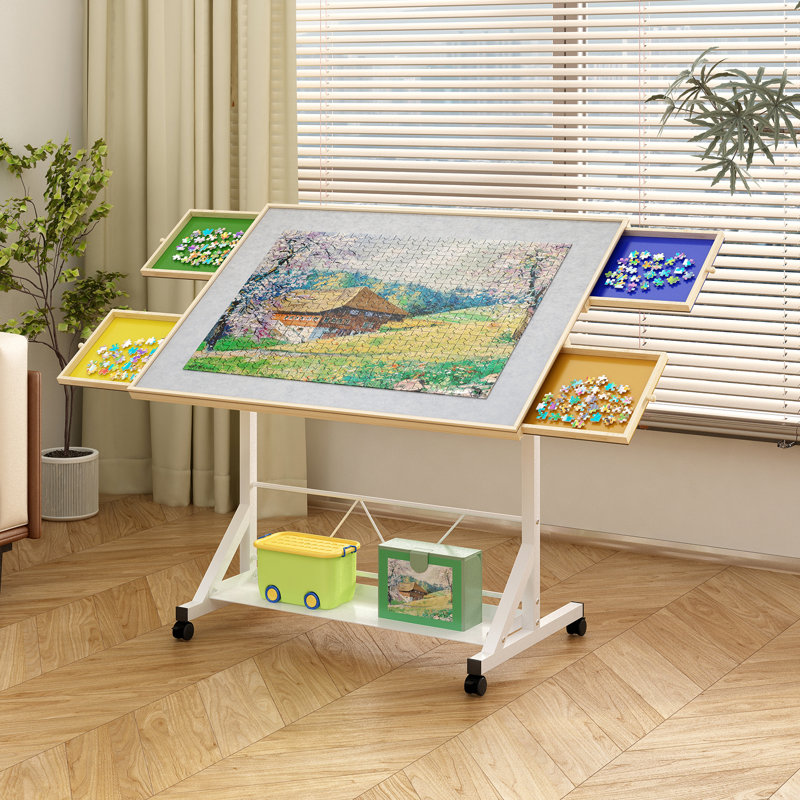 35"*27.17" Adjustable Wooden 1500 Piece Puzzle Table, White