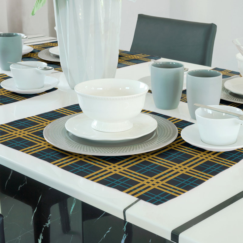 Cotton Plaid Rectangle Placemat, Black/Teal/Gold