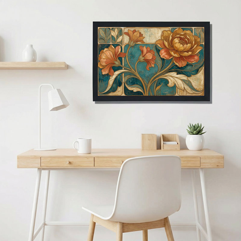 Tableau mural sur toile à motif floral Art nouveau, dans les tons rouille et turquoise, H 20 po x l 30 po
