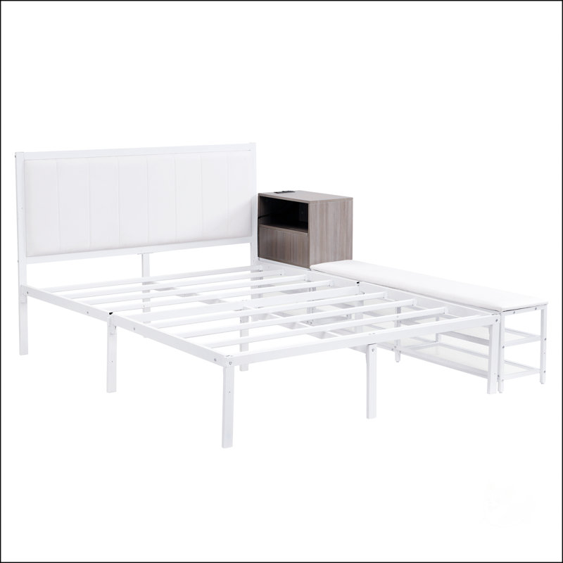Lit plateforme en métal avec tablettes de rangement à deux niveaux, Blanc, Double