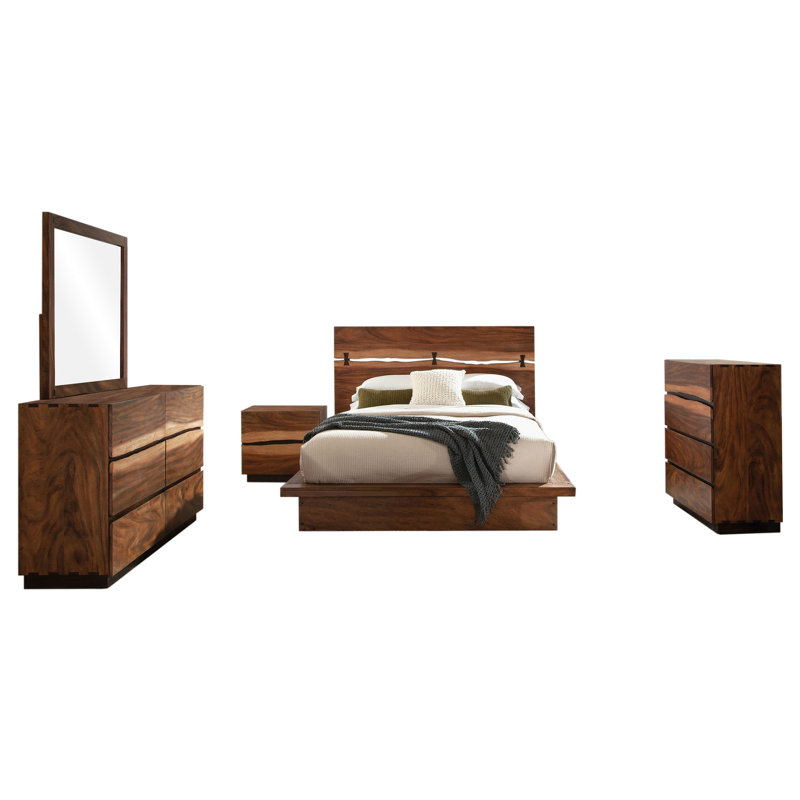 Jequarius 5-piece Queen Bedroom Set Smokey Walnut, Queen, 5 Pcs: Bed, Nightstand, 2 Dressers, Mirror