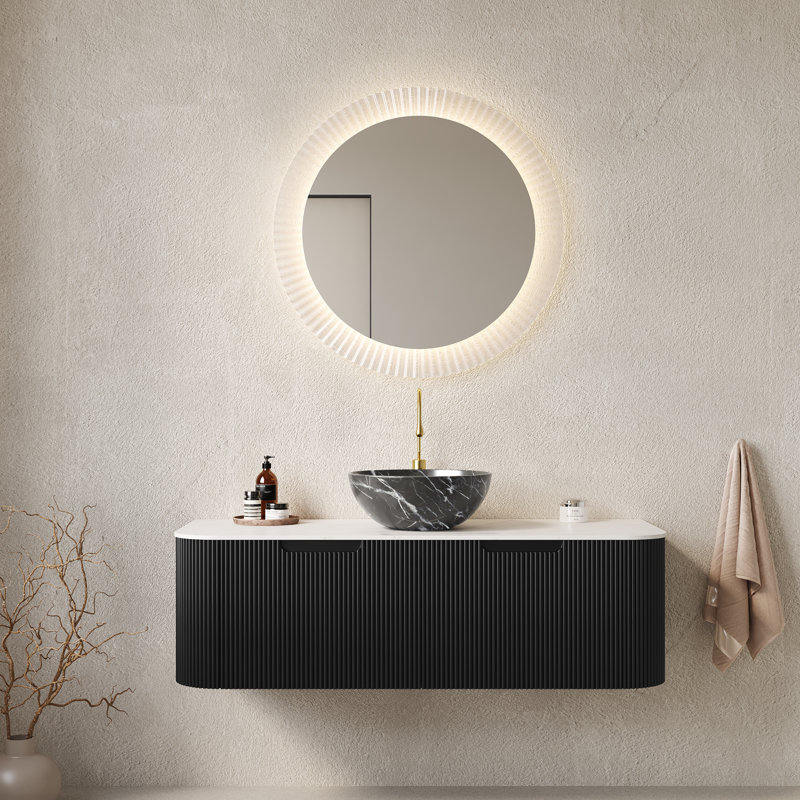 Meuble-lavabo moderne flottant noir avec cuve en céramique de style Art déco pour des espaces de salle de bain élégants