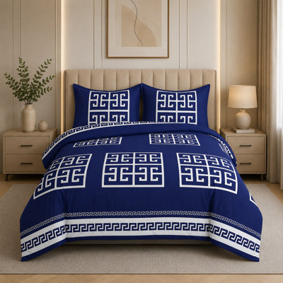 Greek Design Microfiber Bedding Set – Soft, Wrinkle-Resistant & Breathable – Includes Duvet Cover, Fitted Sheet & Pillowcases