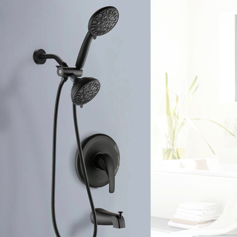 Shower System With Tub Spout - Matte Black. High 2 In 1 Dual . 7 Spray Modes For Being. All Metal. 1.8 Gpm. 59" Hose Length. 1/2" Connection. Wall Mounted Black Head & Hand Shower. Gpm Flow Rate.