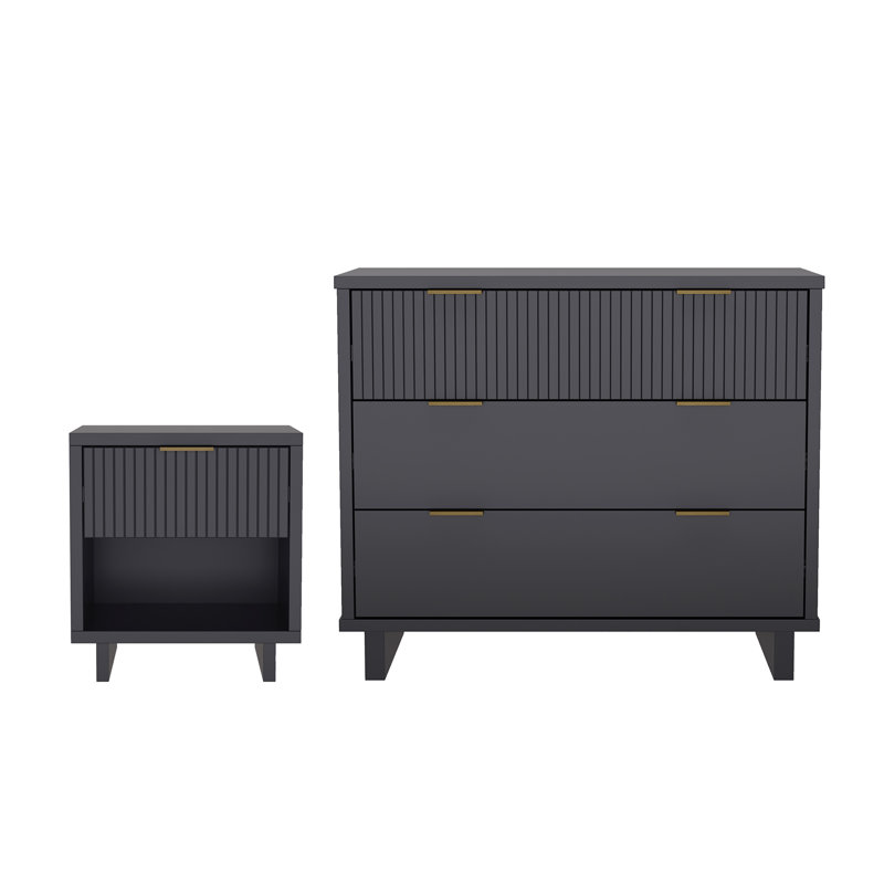 Ensemble de chambre à coucher 2 pièces avec commode et table de chevet gris Elara, Gris anthracite