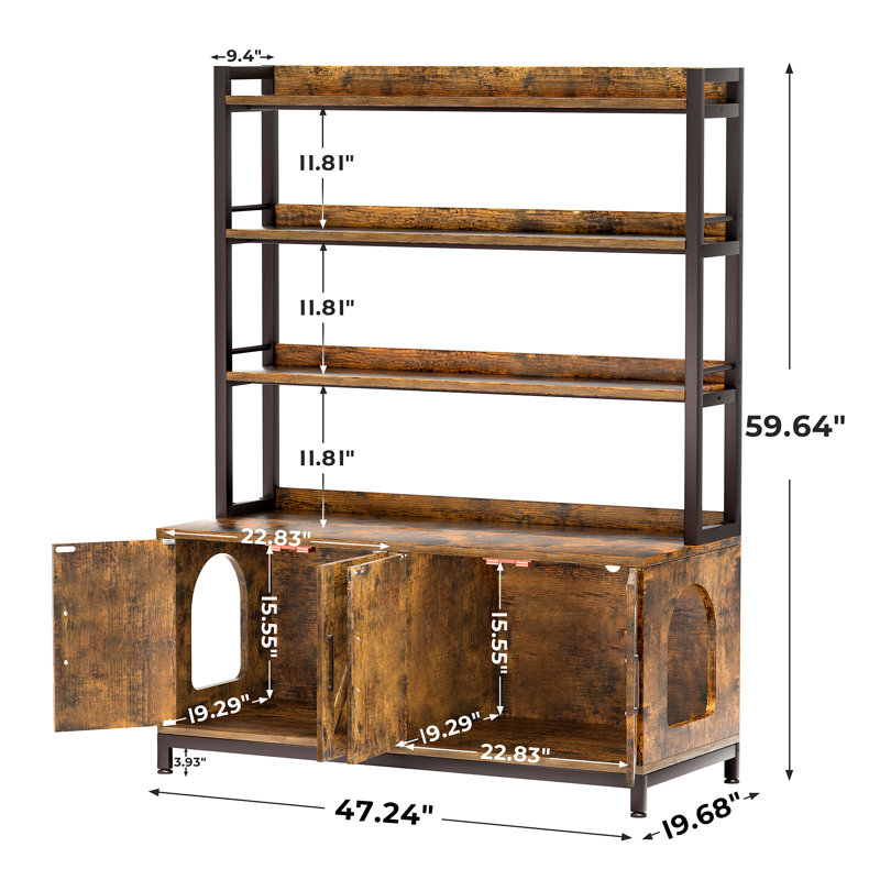 Rustic Brown Wooden Cat Litter Box Enclosure with Shelf