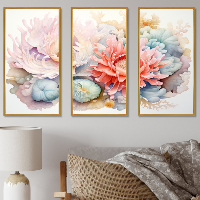 «Giant Plumose Anemone I», ensemble d'art mural sur toile corail sous l'eau, Cadre flottant doré, H 40 po x l 60 po x P 1 po