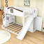 Lit superposé simple au-dessus d'un lit double en bois avec glissade, escalier de rangement et garde-robe-722216767