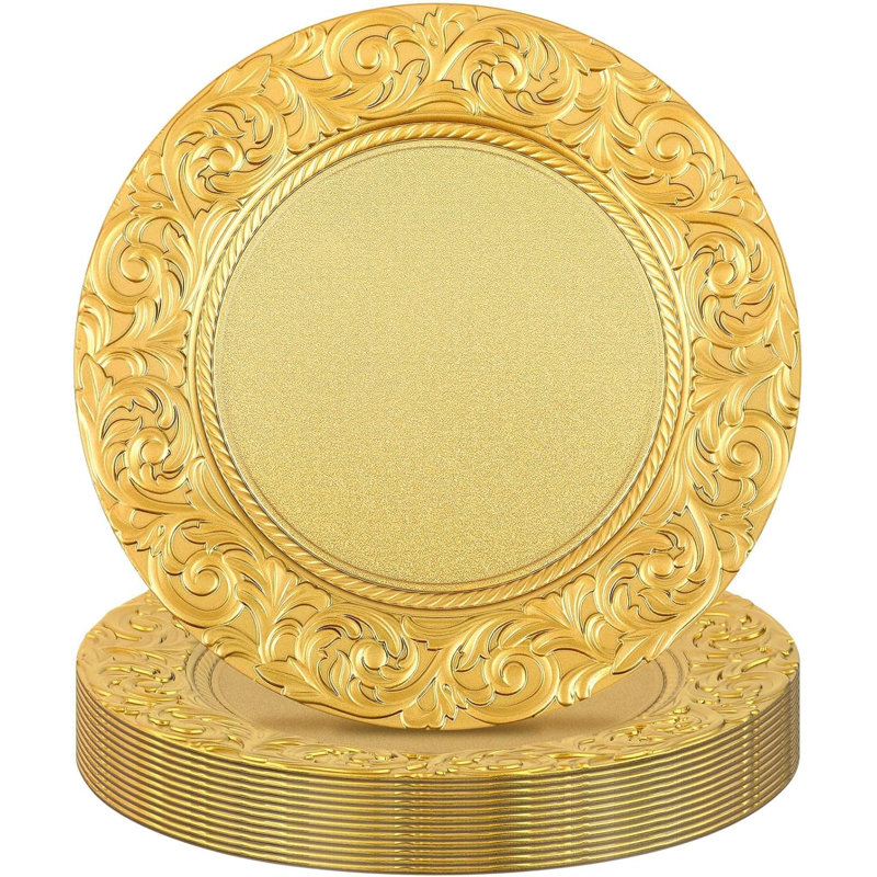 12 Pack 13'' Silver Plastic Embossed Floral Charger Plates for Wedding & Party Table Decor, Gold