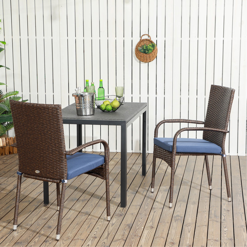 Chaises de salle à manger empilables en rotin avec coussins, ensemble de 2 chaises de patio en osier avec accoudoirs et dossier pour patio, terrasse