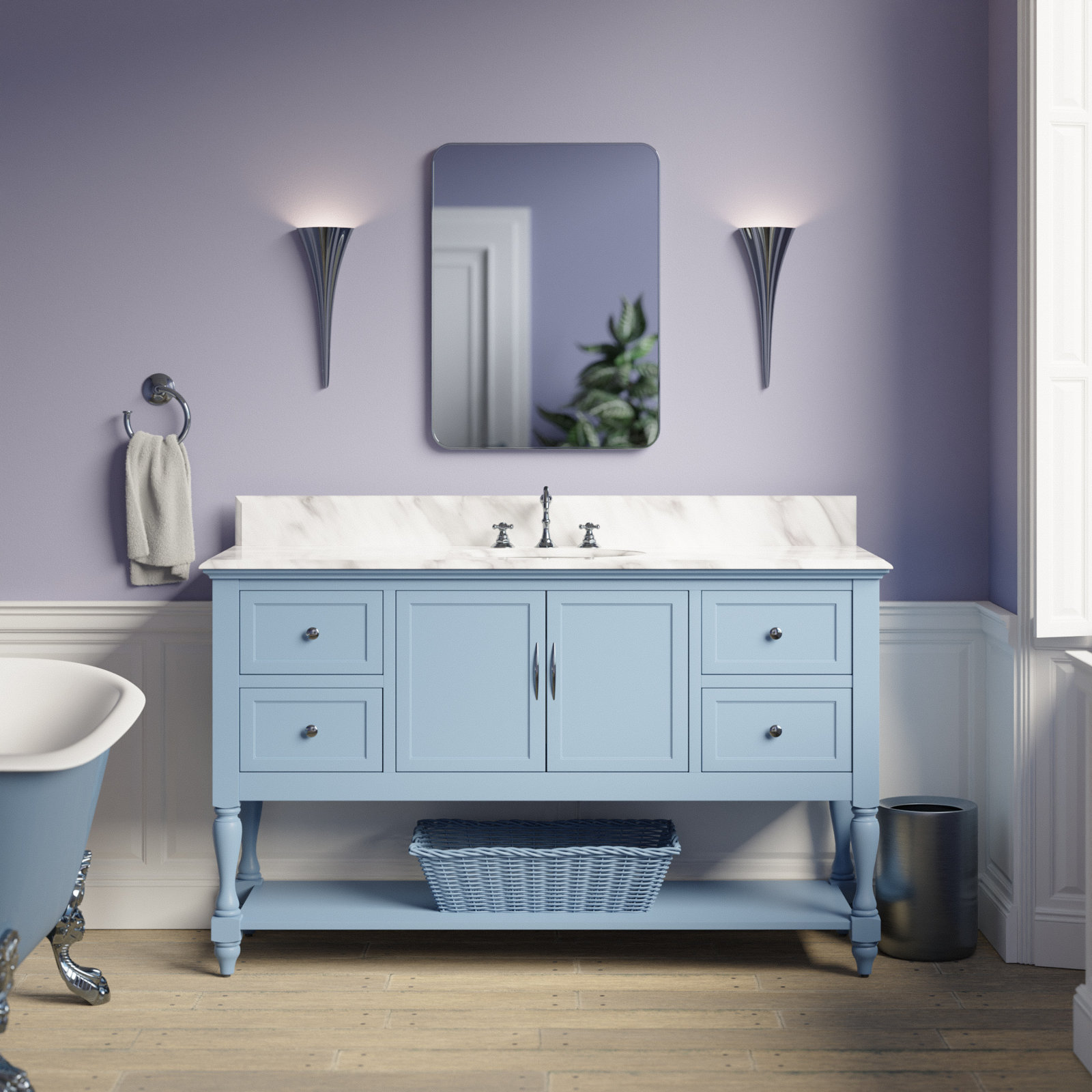 Hampton 60'' Single Bathroom Vanity, Powder Blue, Carrara Marble