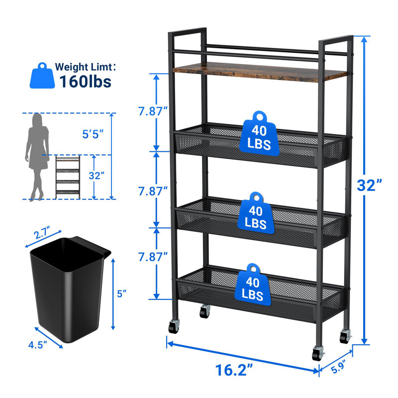 4 Tier Slim Storage Cart, 5.9In Slim Kitchen Cart On Wheels For Small Space, Narrow Rolling Cart With Wooden Top Metal Handle And Wire Mesh