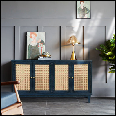Buffet fabriqué à la main en rotin avec panneaux en grain de qualité supérieure, 4 portes, tablettes réglables, console de rangement moderne,