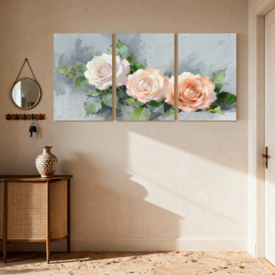 Ensemble de 3 reproductions d'art sur toile roses avec feuilles vertes sur fond gris