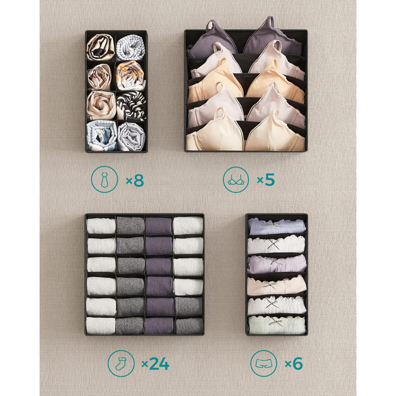Set Of 4 Underwear Drawer Organisers, Drawer Dividers, Foldable, For Bras Undies Socks Ties, Fabric Storage Boxes For Closet Wardrobe Shelves, RUS04H