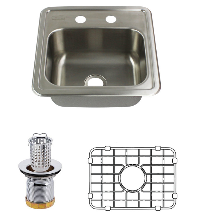 Évier de cuisine à montage sur plan 15 po x l 15 po avec grille d’évier et ensemble de drain Select, 2 trous