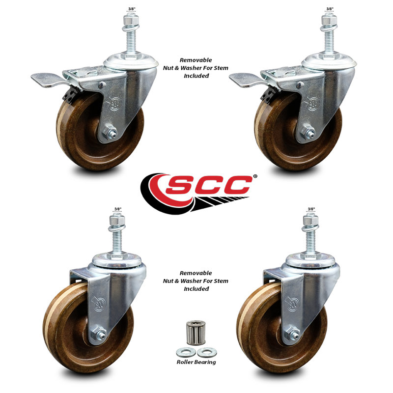Ensemble de roulettes à tige pivotantes à haute température de 4 pouces, 3/8 pouce, 2 freins à verrouillage total SCC