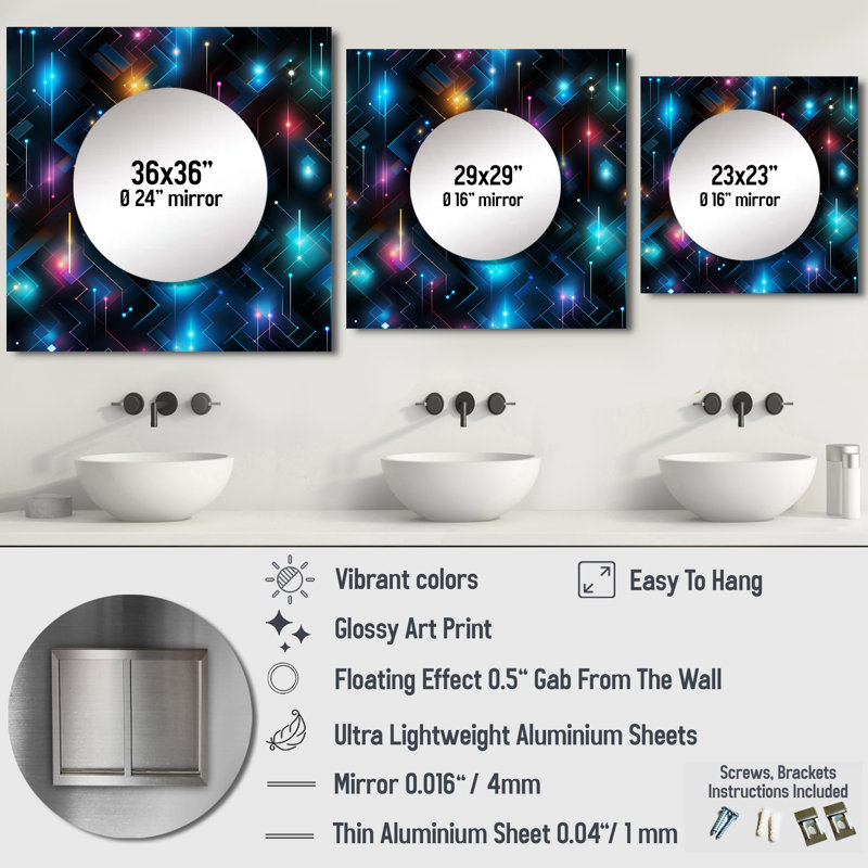 Mauve et bleu Matrix Cubes - Art mural miroir carré moderne pour salle de bain, 23 po x 23 po