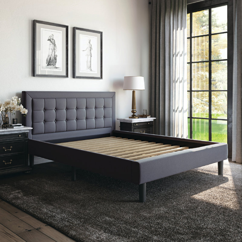 Transitional Linen Queen Upholstered Platform Bed with Tufted Headboard
