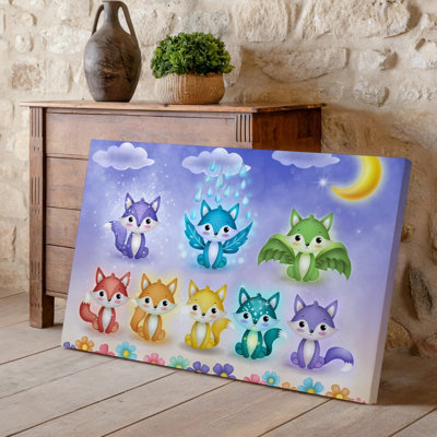 Toile, une scène fantaisiste mettant en vedette une grille de dix adorables renards magiques, chacun avec des élements uniques