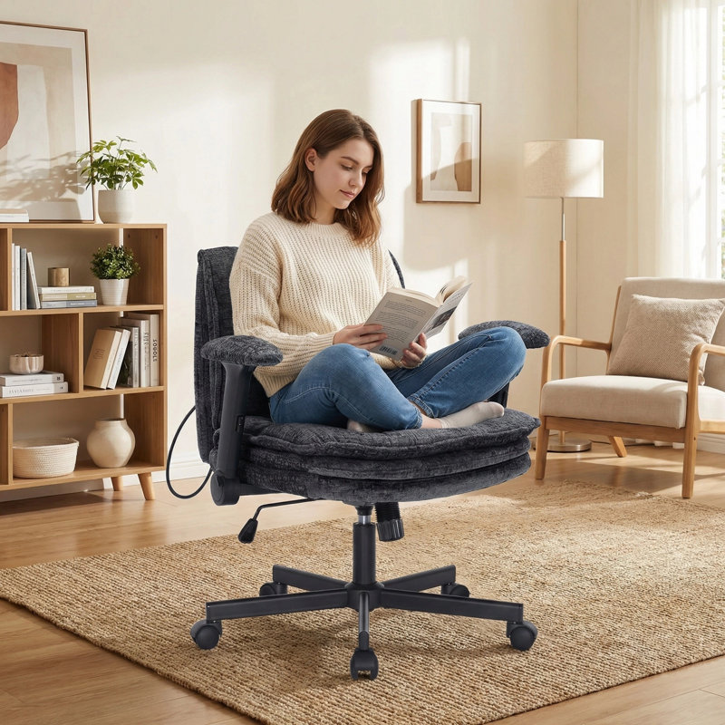 Criss Cross Chair with Flip-up Arms, Wide Criss Legged Chair with 3 Layer Cushion, Ergonomic Office Desk Chair with Wheels, Swivel Vanity Chair for Office, Living Room, Bedroom