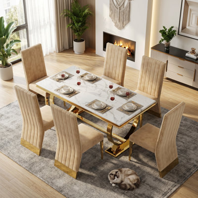 Ensemble de 6 chaises de salle à manger en velours de belle couleur, chaises de salle à manger avec garniture cloutée, pieds en acier inoxydable doré poli et dossier haut