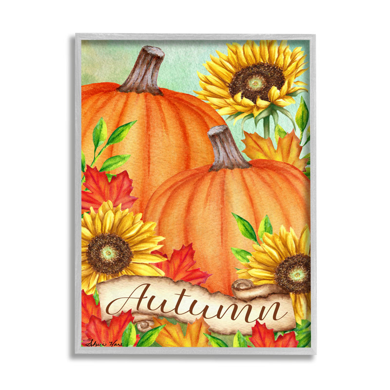 Citrouilles d’automne avec feuilles de tournesol rouge par Sheri Hart-impression d’art graphique, Toile